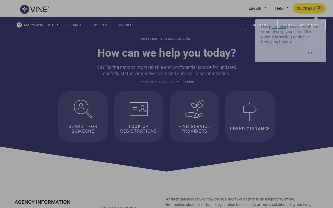 St. Mary’s County VINELink inmate search interface