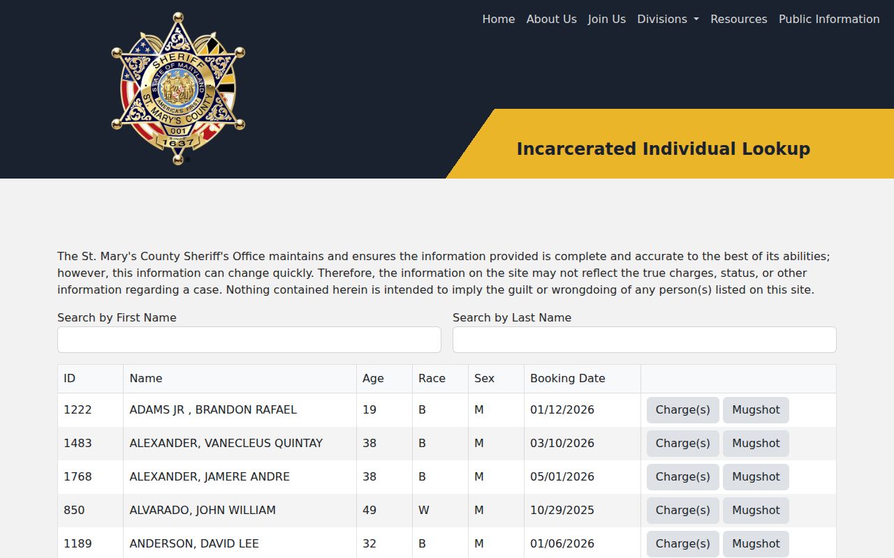St. Mary’s County current custody lookup and release mugshot control