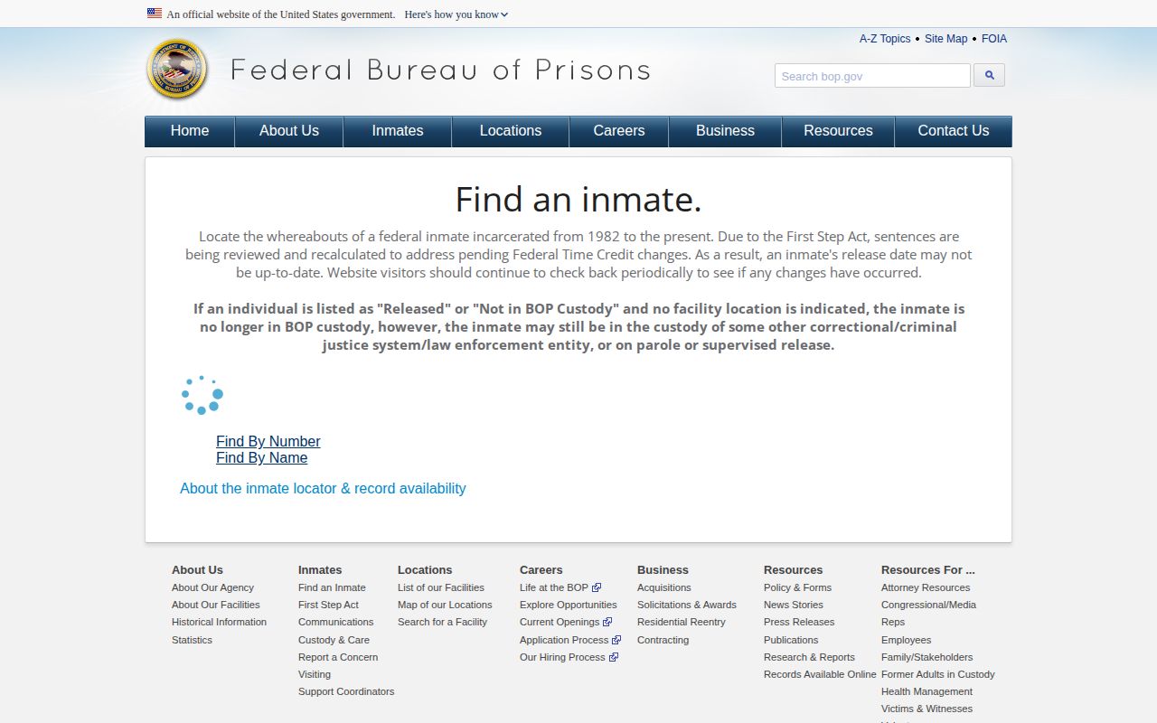 Federal Bureau of Prisons release locator for cases linked to St. Mary’s County