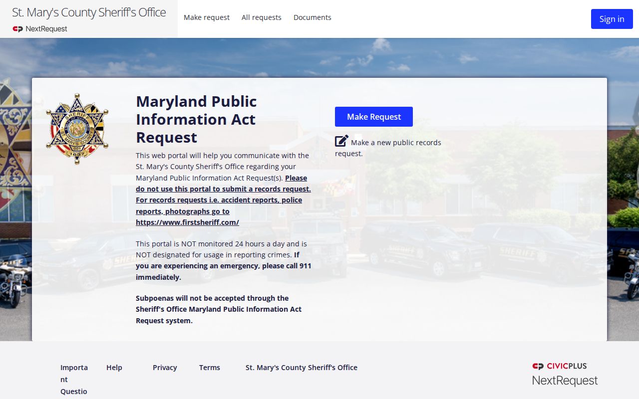 St. Mary’s County Sheriff portal for requesting release mugshot records